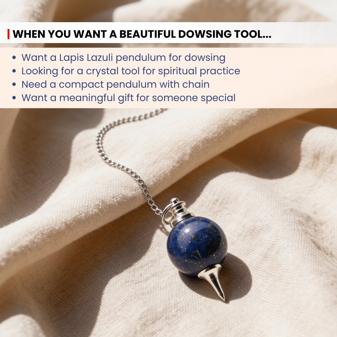 Lapis Lazuli Stone Crystal Ball Chain Dowsing Pendulum for Reiki, Chakra, Healing, Meditation (4 Charts, Jute Bag) - plusvalueindia
