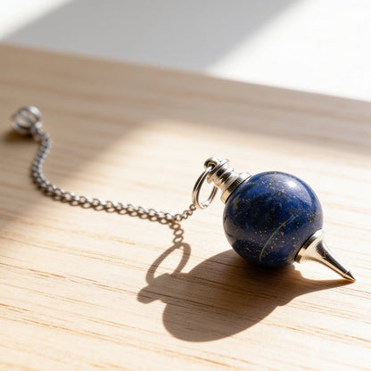 Lapis Lazuli Stone Crystal Ball Chain Dowsing Pendulum for Reiki, Chakra, Healing, Meditation (4 Charts, Jute Bag) - plusvalueindia