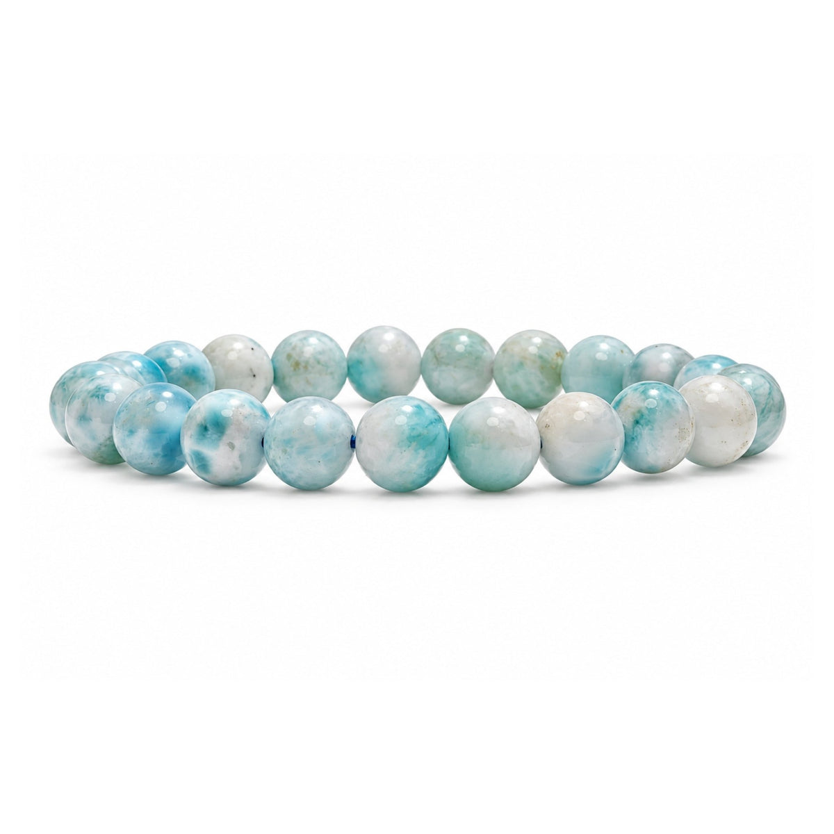 Natural Larimar 7 mm round bead stretch bracelet with sea-blue and white marbling patterns