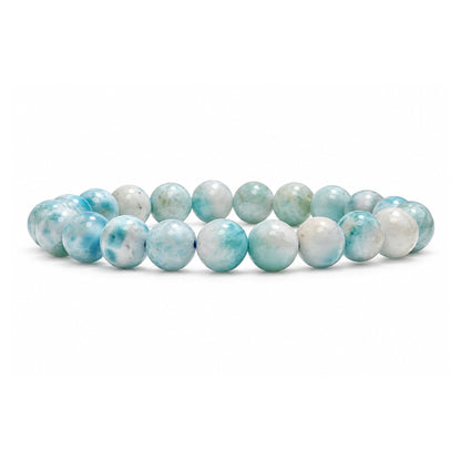 Natural Larimar 7 mm round bead stretch bracelet with sea-blue and white marbling patterns
