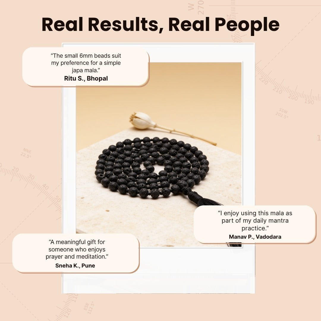 Overhead spiral arrangement of 108 black Lava beads beside a protective drawstring storage pouch