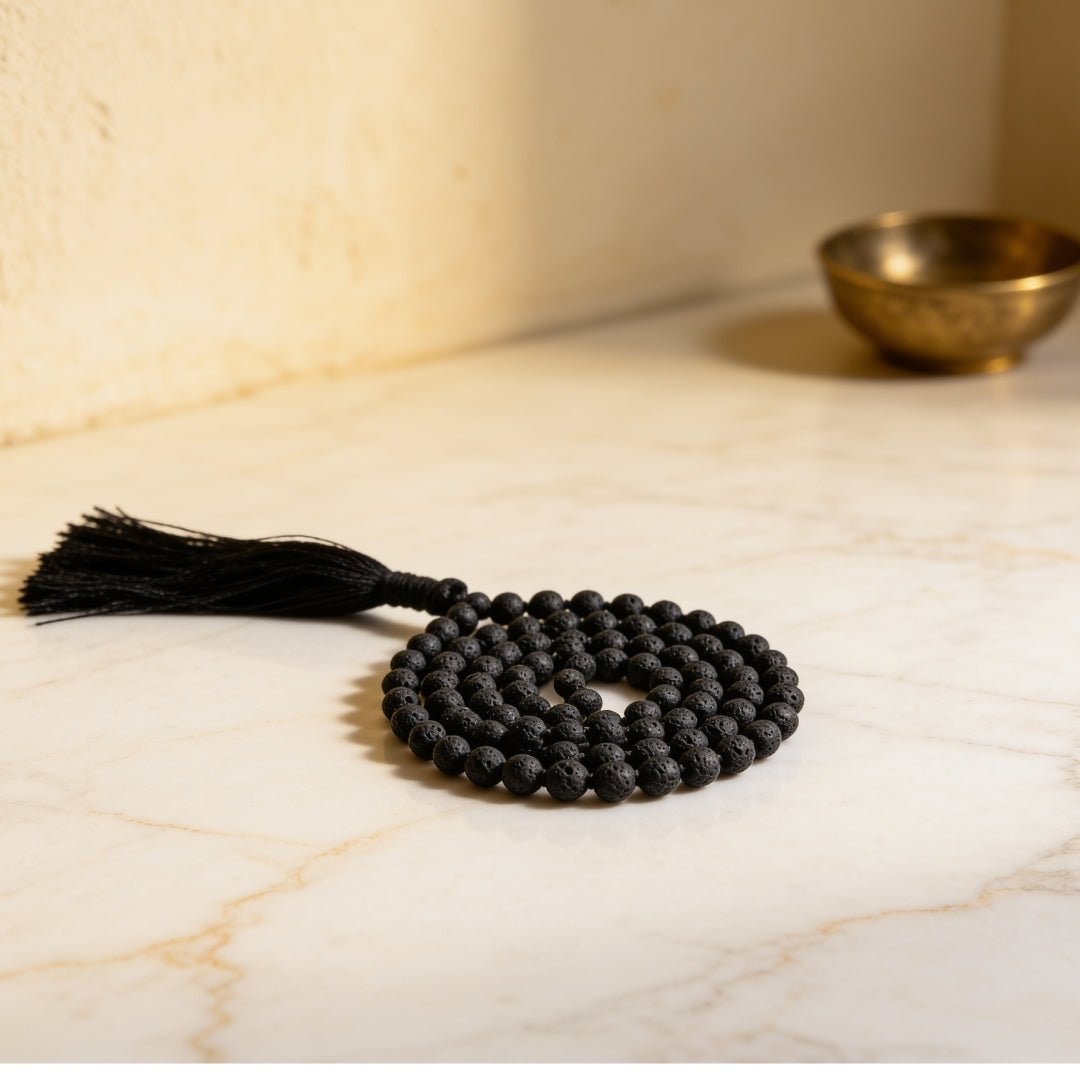 Natural black Lava stone 6 mm japa mala necklace with 108 porous beads and tassel