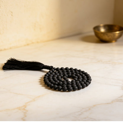 Natural black Lava stone 6 mm japa mala necklace with 108 porous beads and tassel
