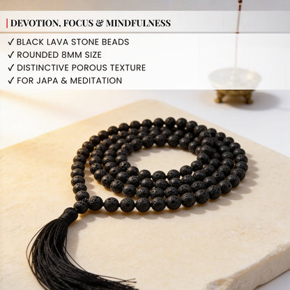 Traditional durable hand-knotted cord construction between 8 mm black Lava beads