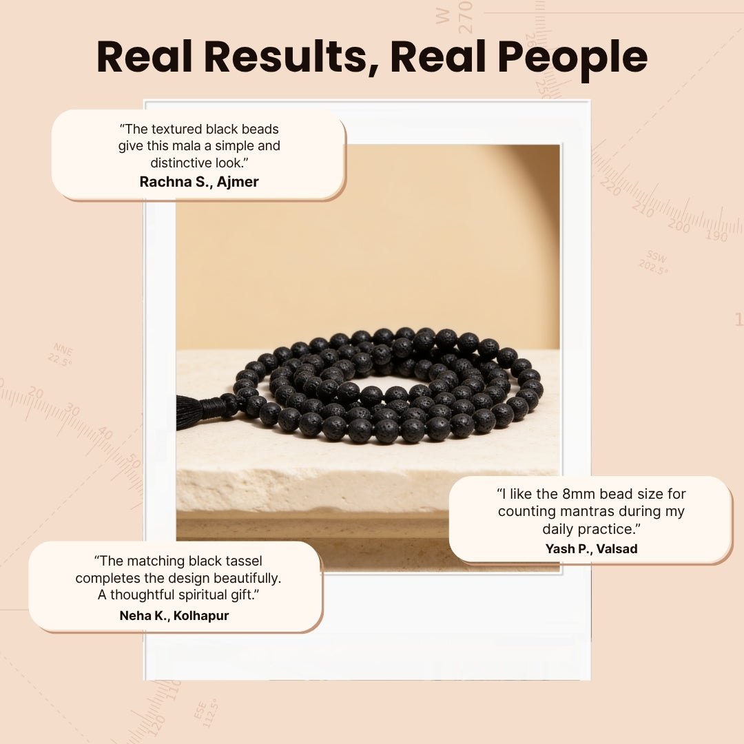 Overhead spiral arrangement of 108 black volcanic Lava beads beside a protective storage pouch