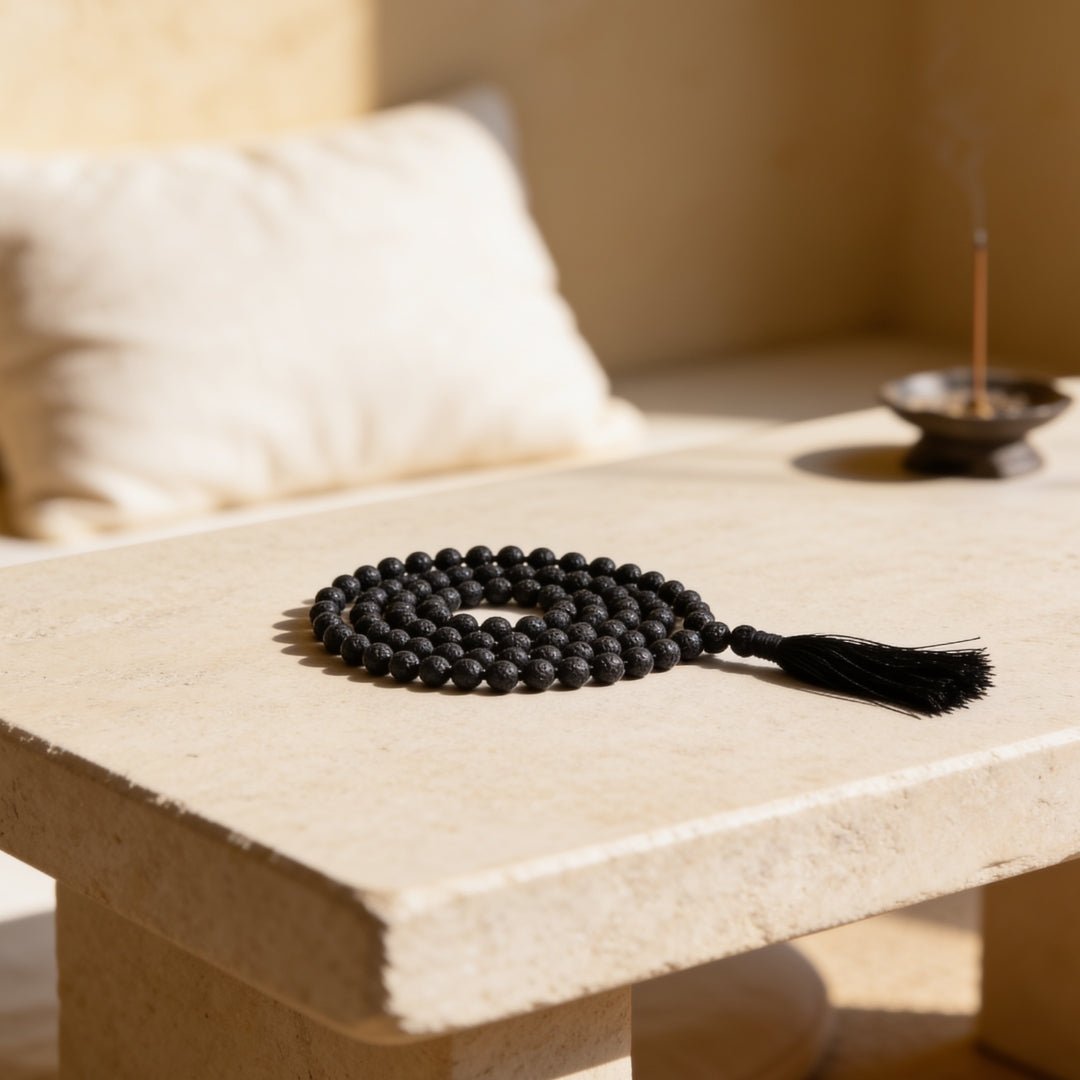 Natural black Lava stone 8 mm japa mala necklace with 108 beads and tassel