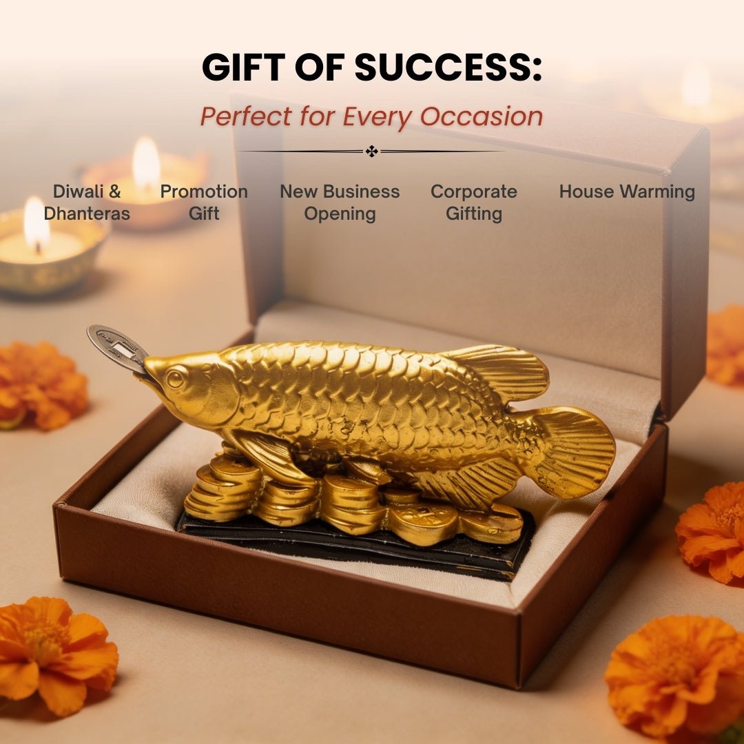 Lucky Feng Shui Golden Arowana Fish Statue for Protection & GoodLuck at Home and Office [Best Seller] - plusvalueindia
