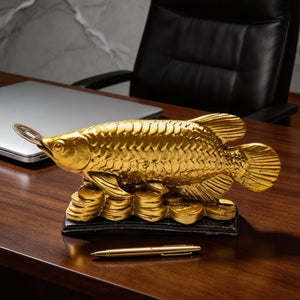 Lucky Feng Shui Golden Arowana Fish Statue for Protection & GoodLuck at Home and Office [Best Seller]