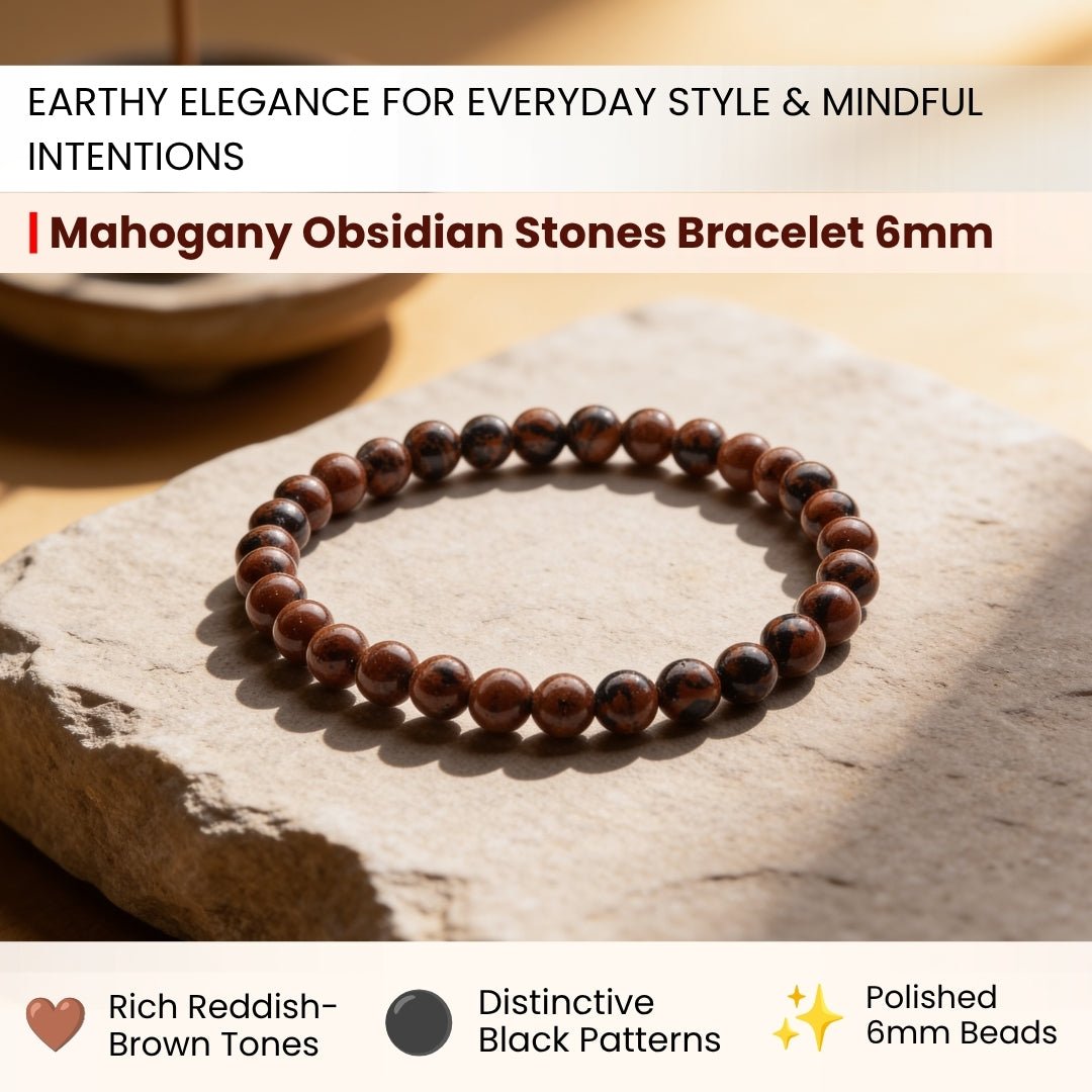 Close-up of 6 mm polished Mahogany Obsidian beads showing rich reddish-brown swirls and glassy black volcanic patterns