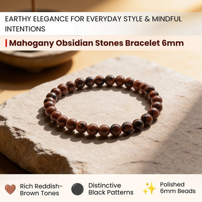 Close-up of 6 mm polished Mahogany Obsidian beads showing rich reddish-brown swirls and glassy black volcanic patterns