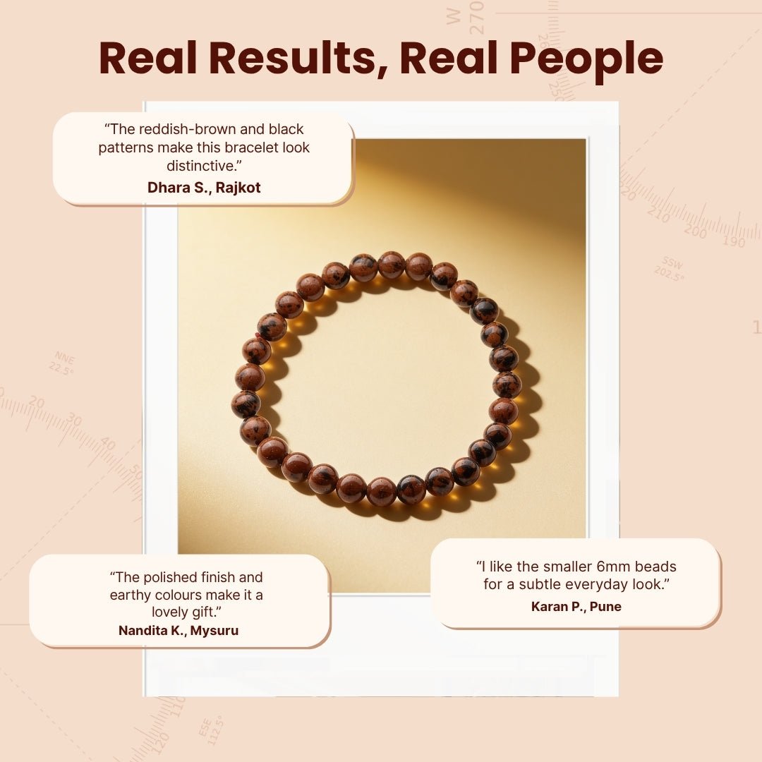 Mahogany Obsidian 6 mm gemstone bracelet presented with soft drawstring pouch and crystal meaning card