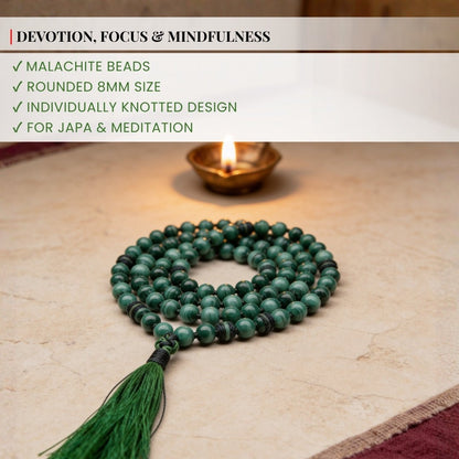 Traditional durable hand-knotted thread construction between 8 mm green Malachite beads