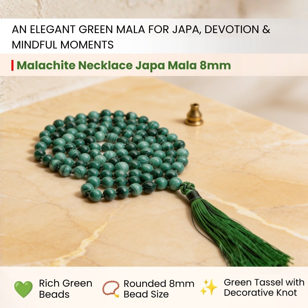 Close-up of 8 mm polished Malachite beads showing signature concentric circular bands and rich green patterns