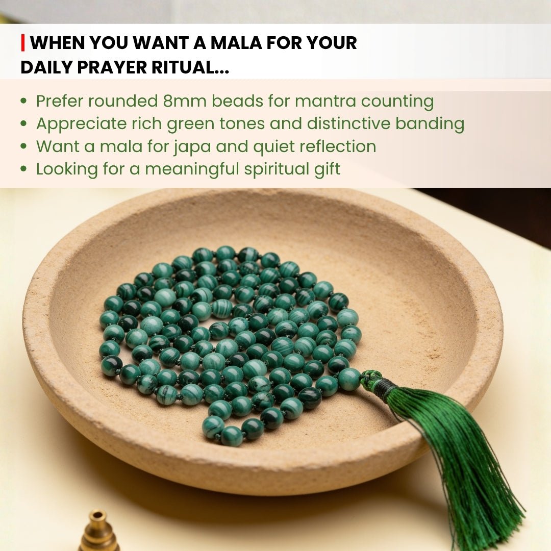 8 mm bead diameter scale measurement diagram for Malachite japa mala