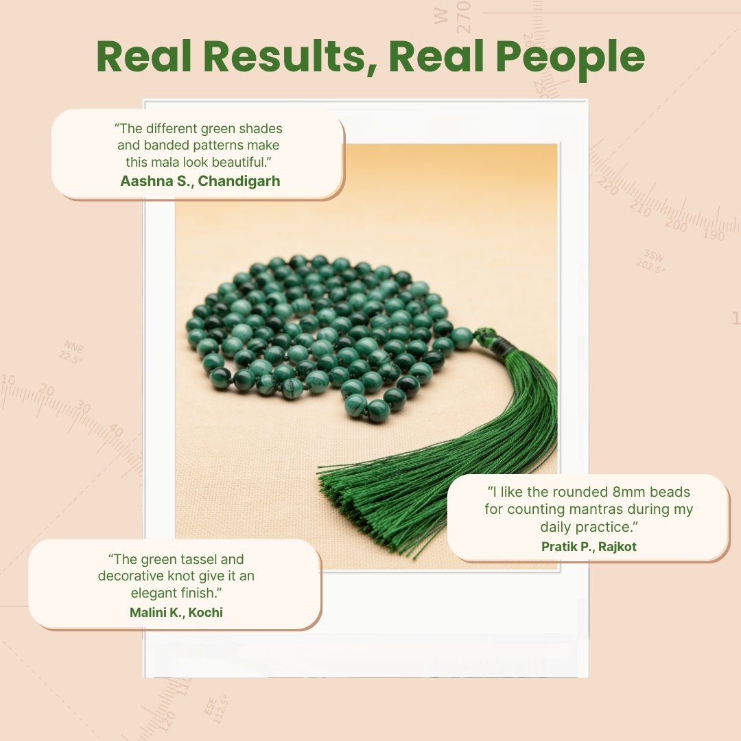 Overhead spiral arrangement of 108 Malachite beads beside a protective drawstring storage pouch