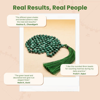 Overhead spiral arrangement of 108 Malachite beads beside a protective drawstring storage pouch