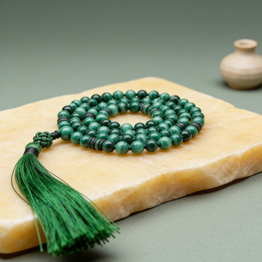 Natural green Malachite 8 mm japa mala necklace with 108 beads and tassel