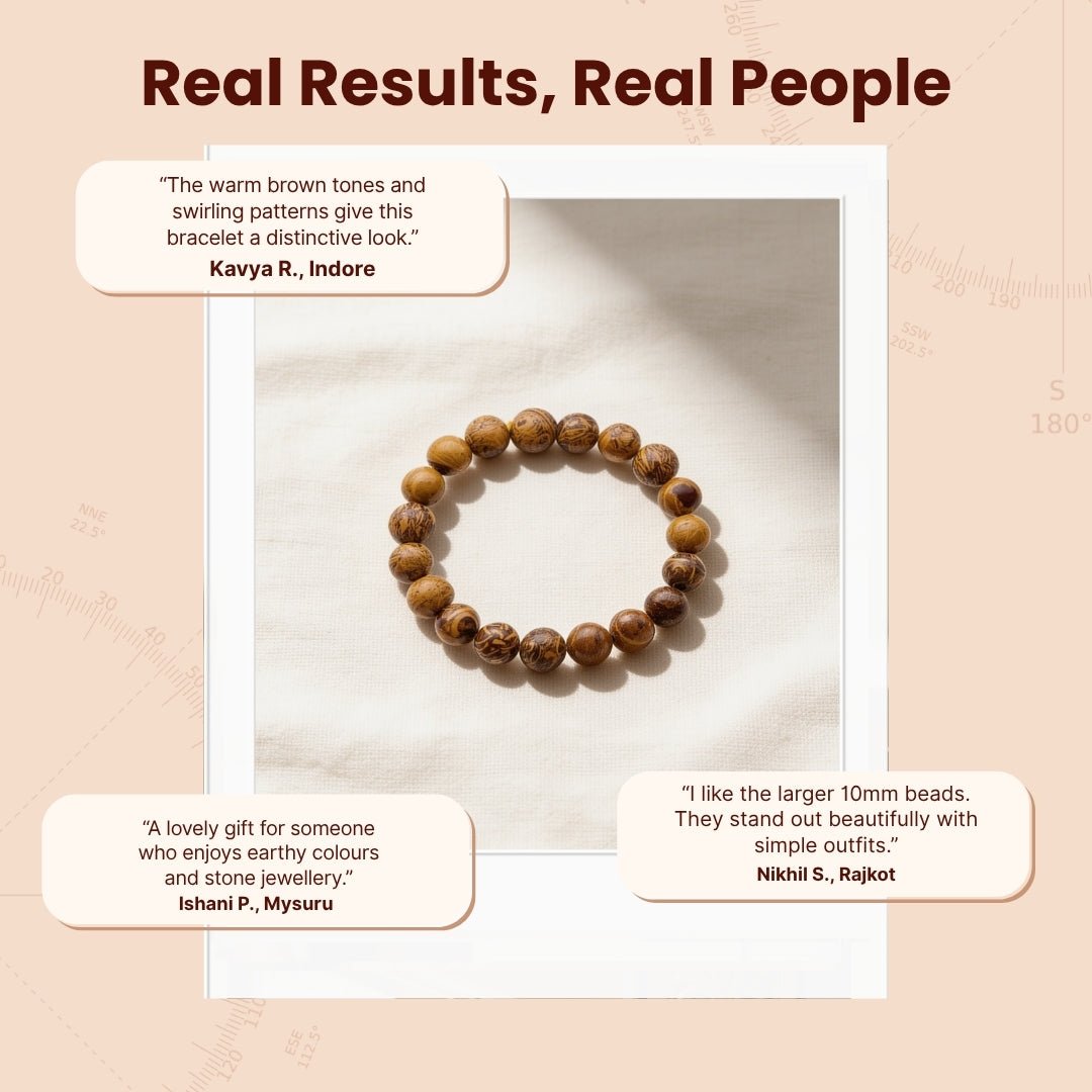 Large 10 mm Mariyam Jasper gemstone bracelet displayed with protective drawstring pouch and guide carda