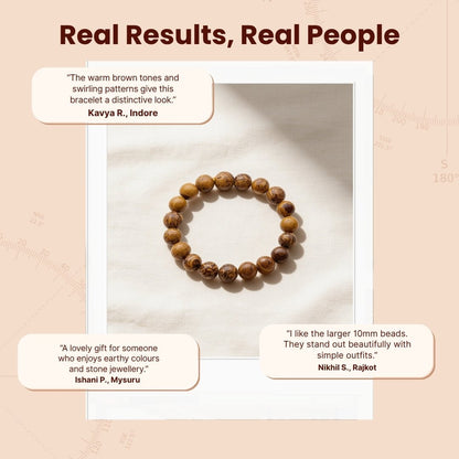 Large 10 mm Mariyam Jasper gemstone bracelet displayed with protective drawstring pouch and guide carda