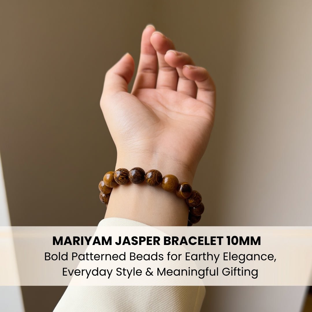 Bold 10 mm Mariyam Jasper bead bracelet worn on wrist for sizing reference and statement styling