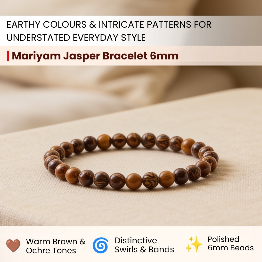 Close-up of 6 mm Mariyam Jasper beads showing earthy yellow, brown, and ochre fossilized calligraphy patterns