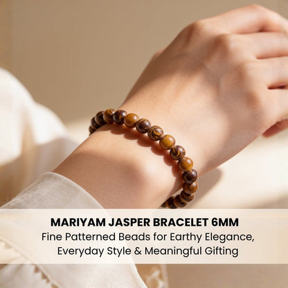 Dainty 6 mm Mariyam Jasper bead bracelet worn on wrist for sizing reference and stacking