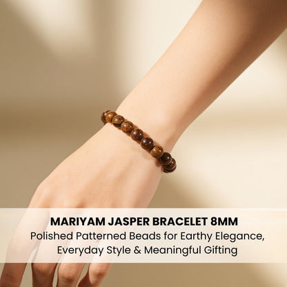 Standard 8 mm Mariyam Jasper bead bracelet worn on wrist for sizing reference and earthy styling