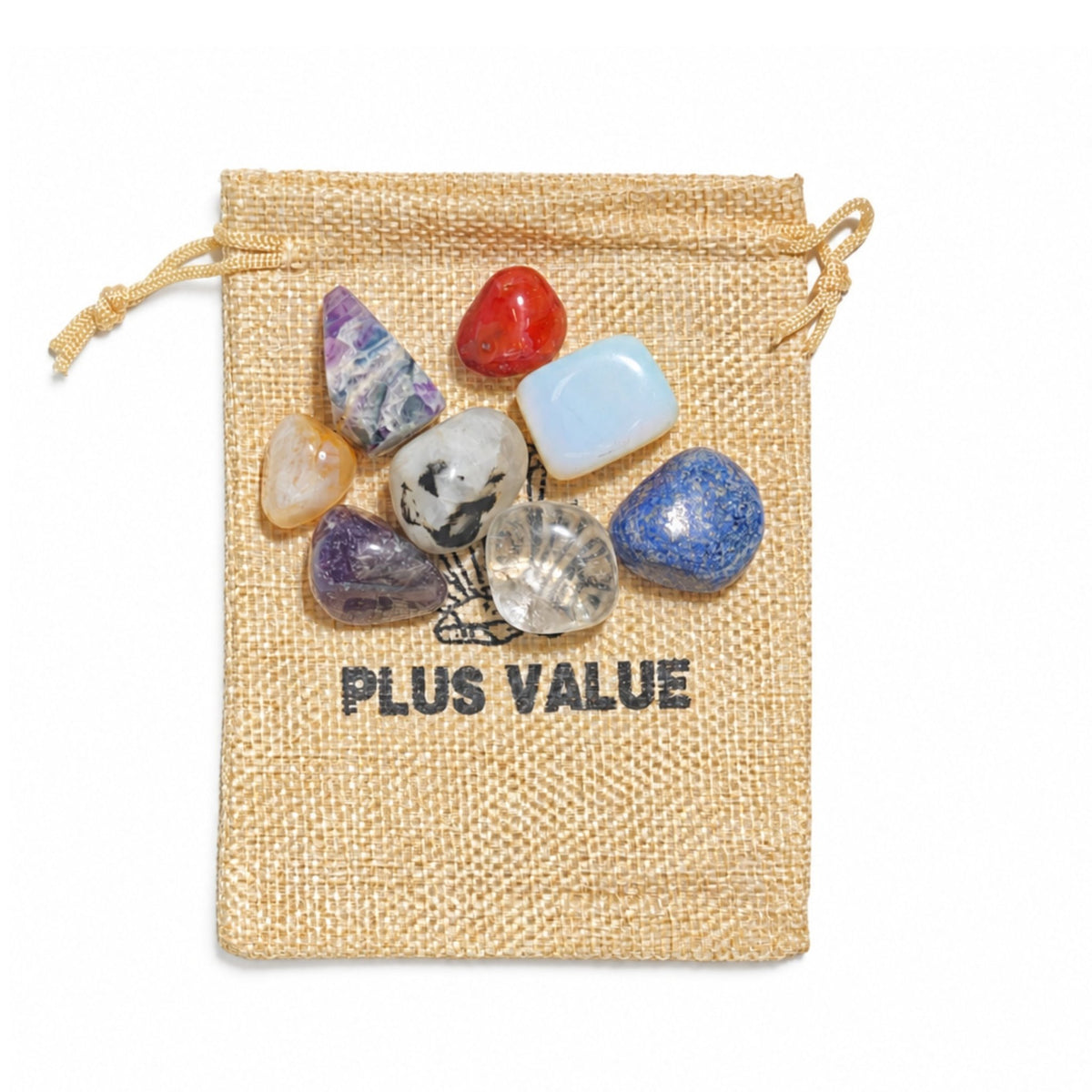 Menopause survival crystal bag featuring natural healing tumbled stones in a soft drawstring storage pouch