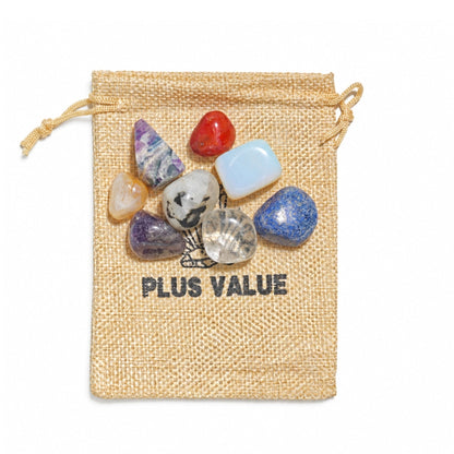 Menopause survival crystal bag featuring natural healing tumbled stones in a soft drawstring storage pouch