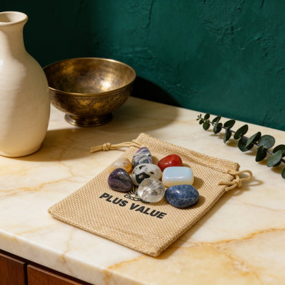 Menopause crystal healing bag featuring curated tumbled gemstones including Moonstone, Amethyst, Carnelian, Citrine, and Lepidolite in a soft pouch
