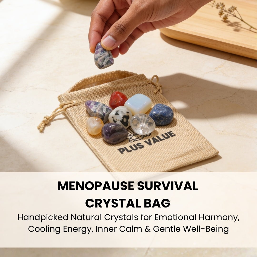 Menopause crystal healing set arranged on a wooden nightstand beside a glass carafe, soothing candle, and journal for calming rest