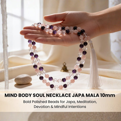 Prominent crystal guru bead with matching soft hanging tassel finish on meditation mala