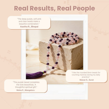 Overhead spiral arrangement of 108 Mind Body Soul 8 mm beads beside a protective storage pouch