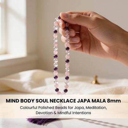 Polished crystal guru bead with matching soft silky hanging tassel finish on meditation mala