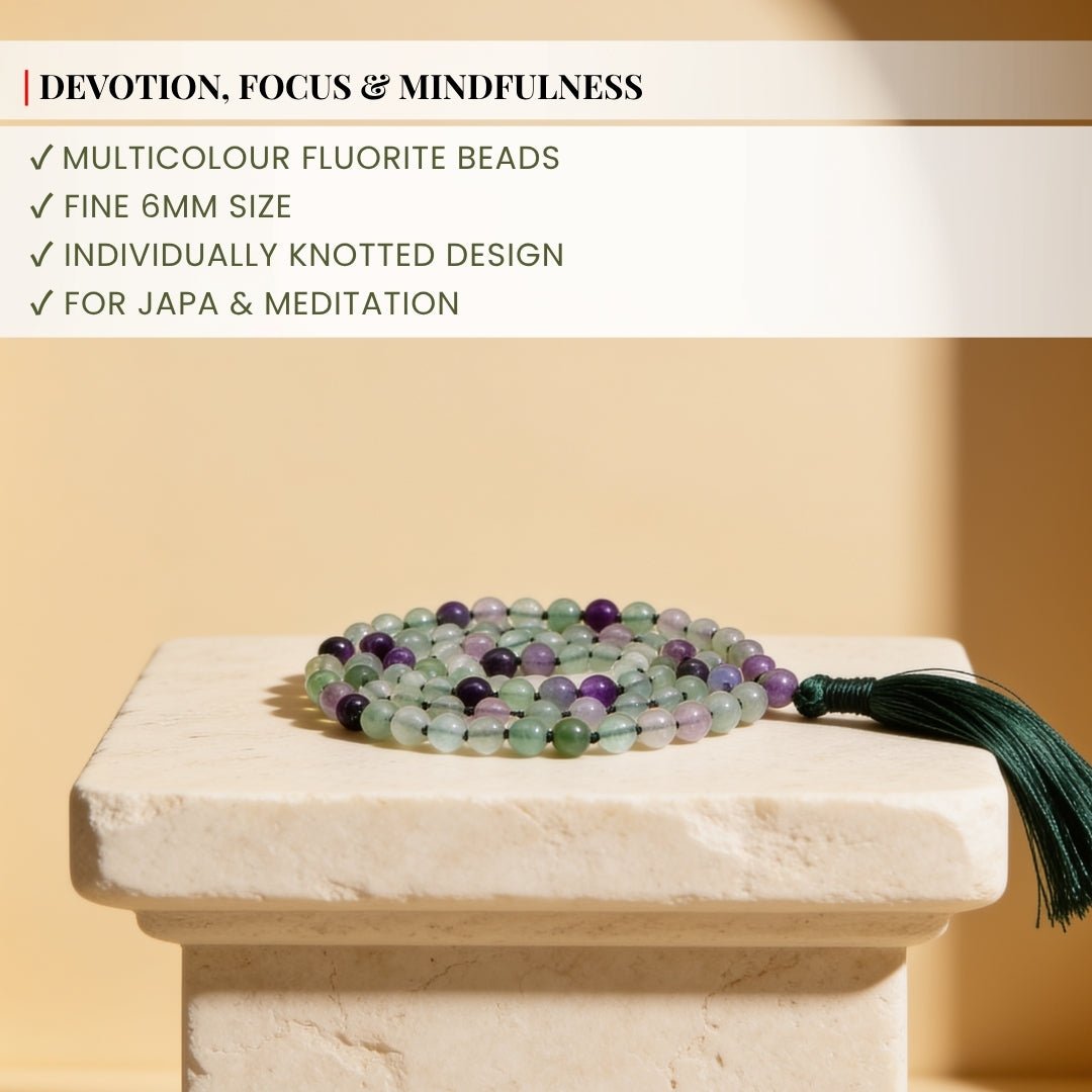 Traditional durable hand-knotted thread construction between 6 mm rainbow fluorite beads