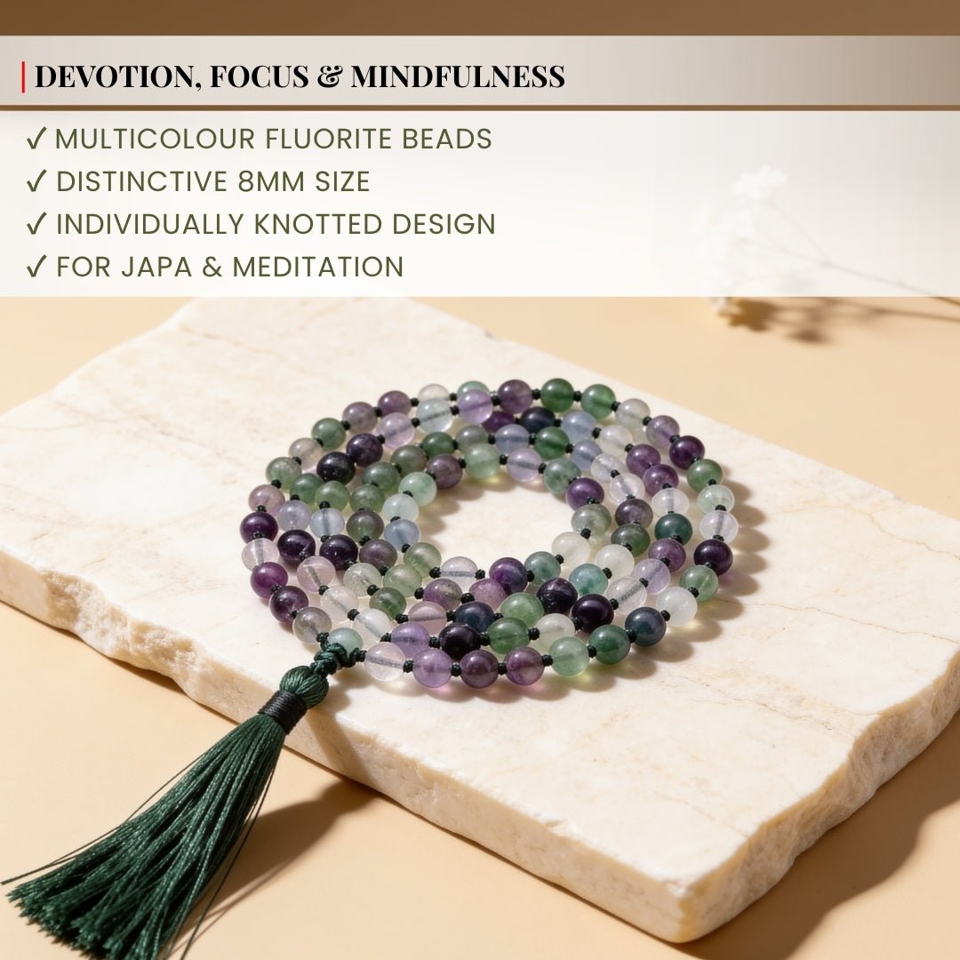 Traditional durable hand-knotted thread construction between standard 8 mm rainbow fluorite beads