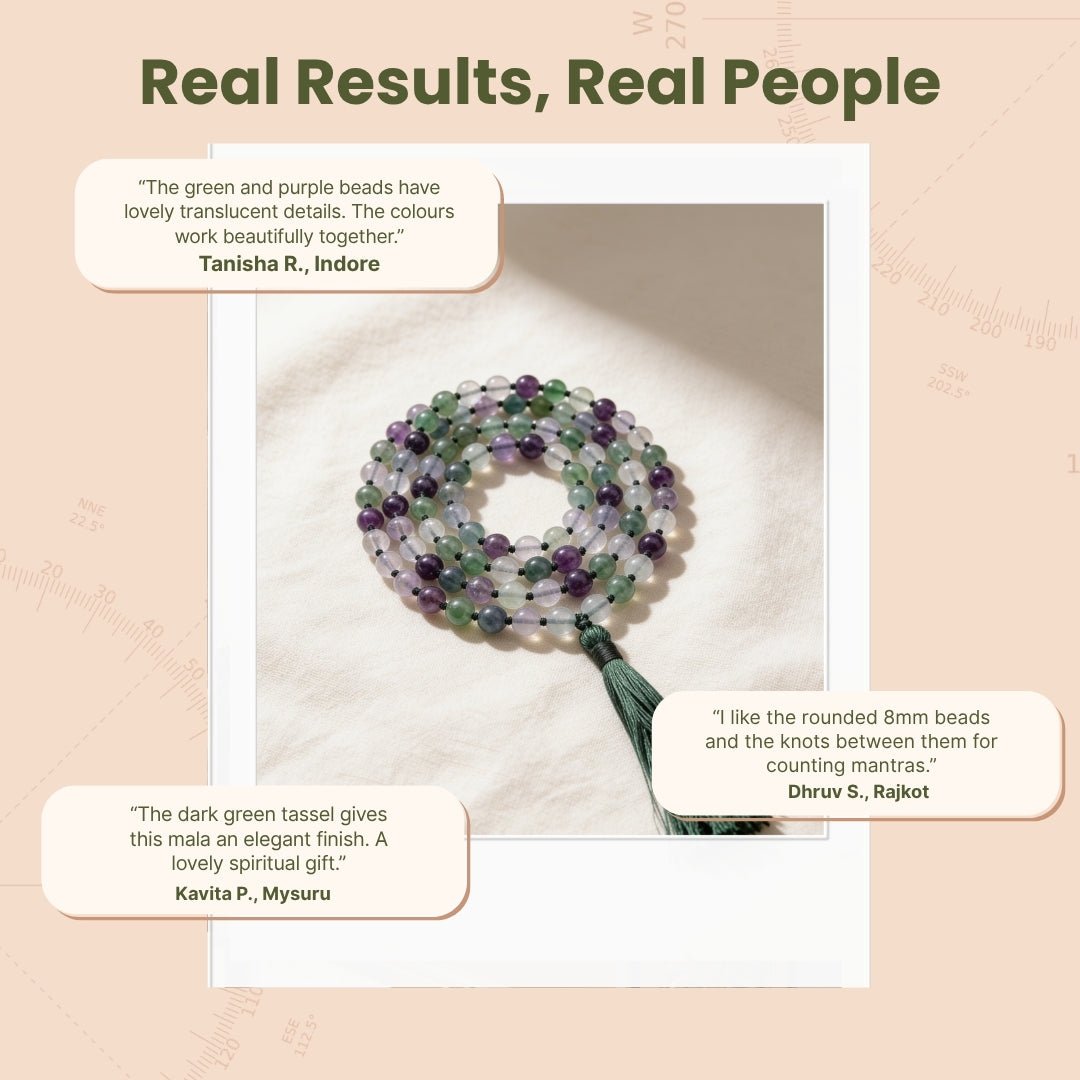 Overhead spiral arrangement of 108 Multi Fluorite 8 mm beads beside a protective storage pouch