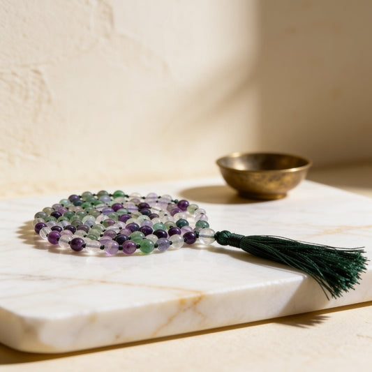 Natural Multi Fluorite 8 mm rainbow japa mala necklace with 108 beads and tassel