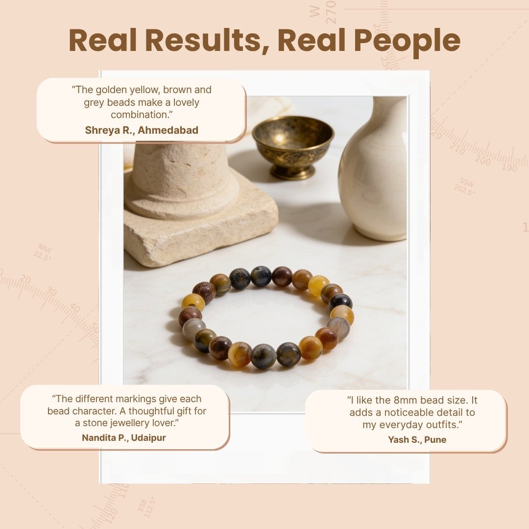 Multi Pietersite 8 mm gemstone bracelet presented with premium drawstring storage pouch and crystal authenticity card
