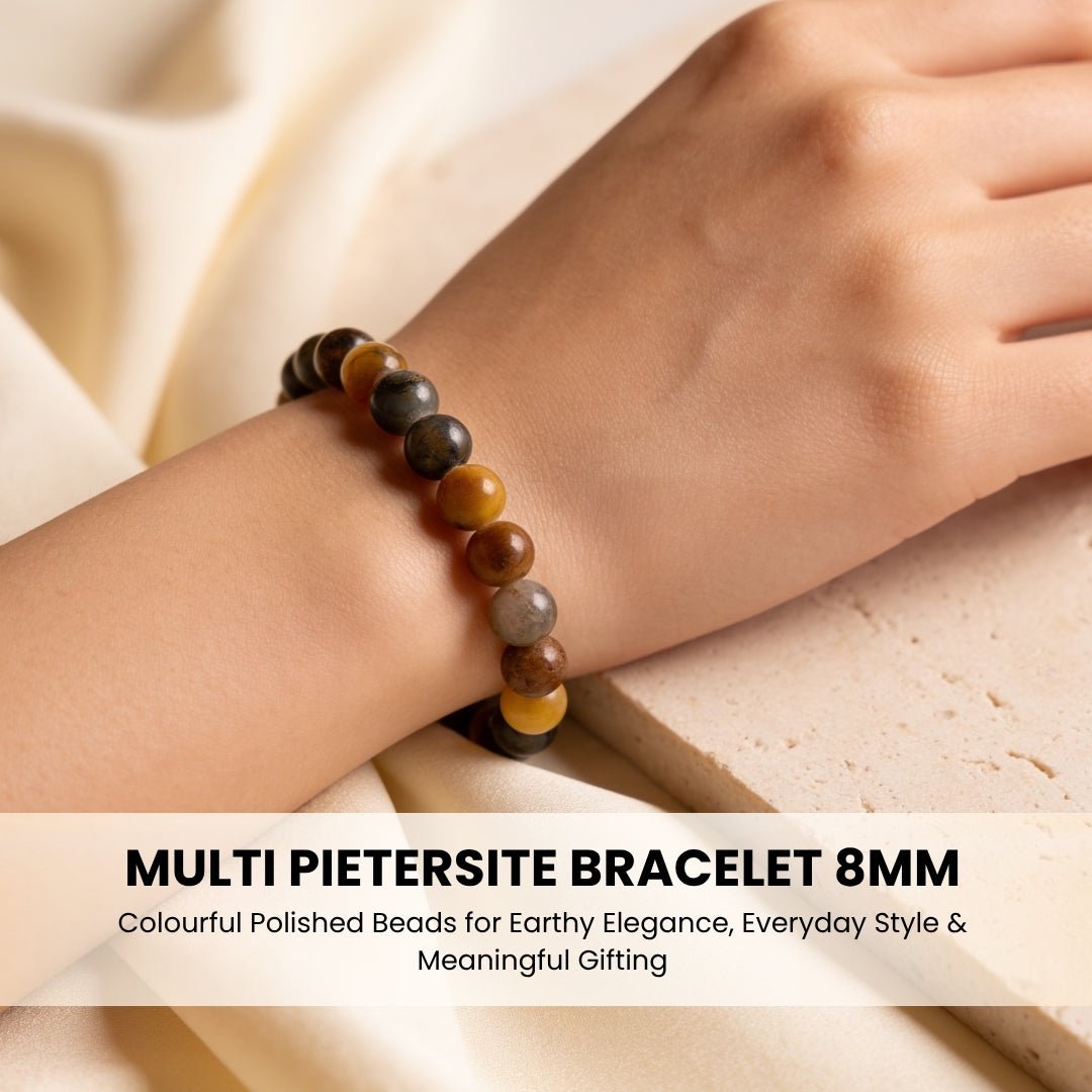 Standard 8 mm Multi Pietersite bead bracelet worn on wrist showing size proportions and metallic chatoyant flash