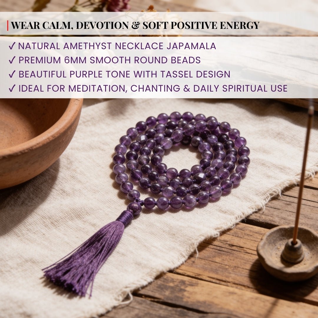 Purple Amethyst Necklace Japa Mala 108 + 1 Bead (Knotted) - plusvalueindia