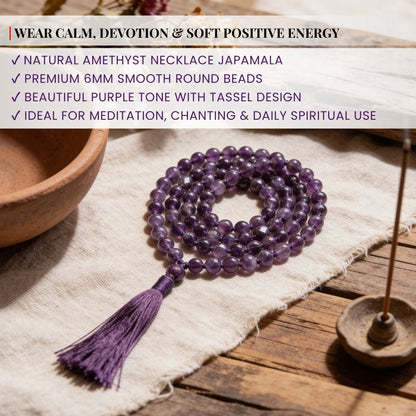 Purple Amethyst Necklace Japa Mala 108 + 1 Bead (Knotted) - plusvalueindia