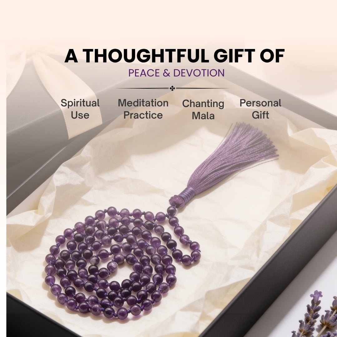 Purple Amethyst Necklace Japa Mala 108 + 1 Bead (Knotted) - plusvalueindia
