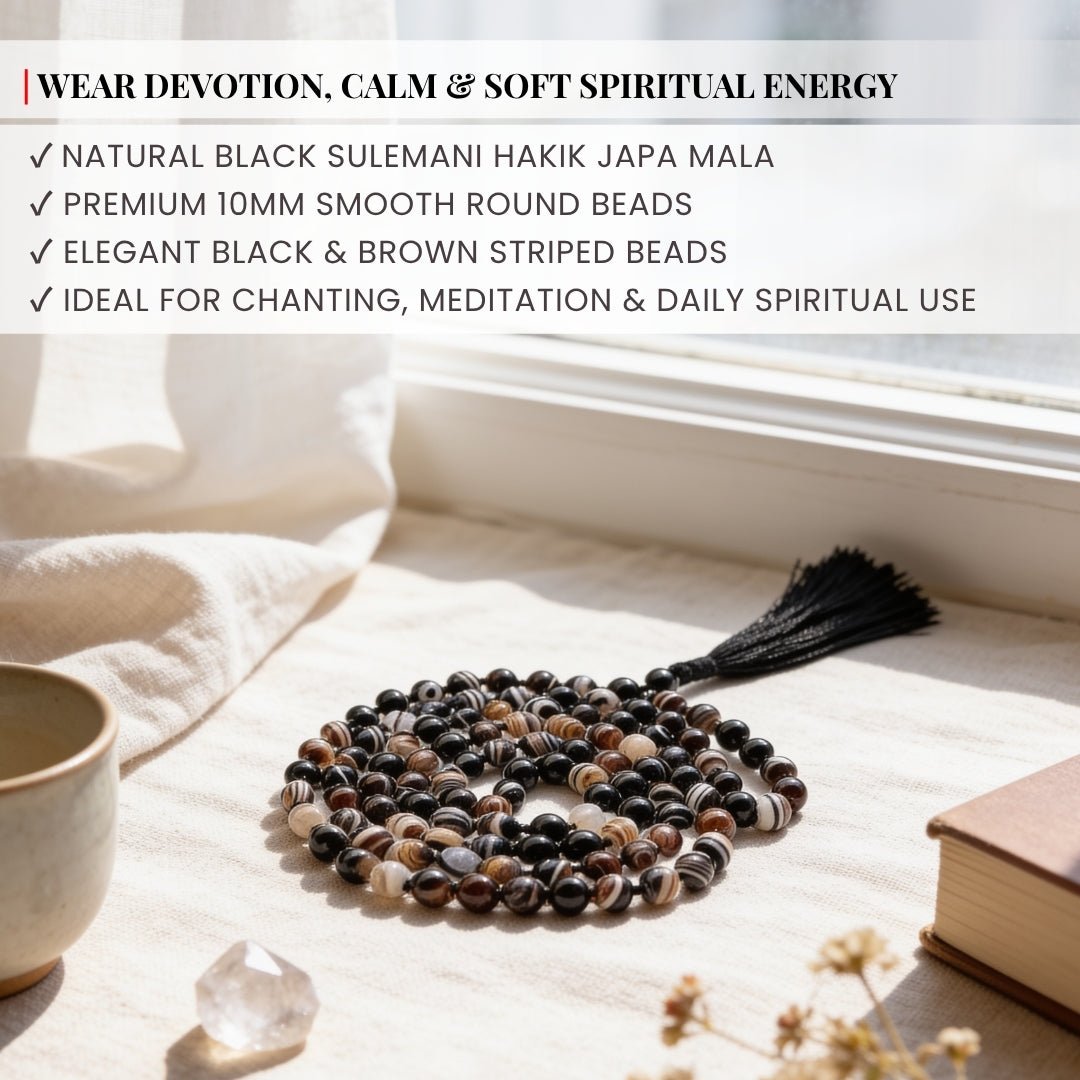 Black Sulemani Hakik Stone Crystal Necklace Japa Mala 108 + 1 Bead (Knotted) - plusvalueindia