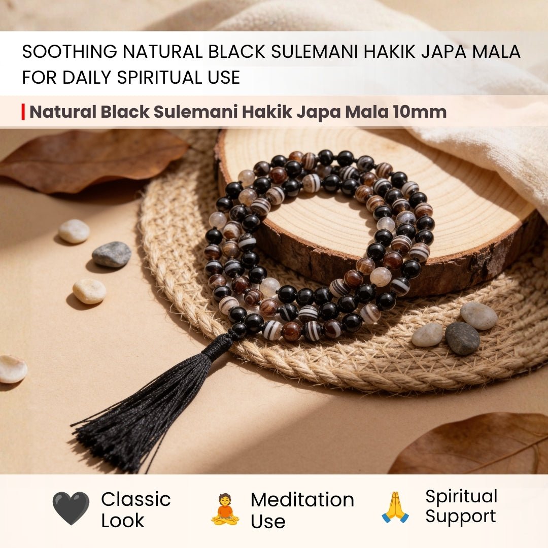 Black Sulemani Hakik Stone Crystal Necklace Japa Mala 108 + 1 Bead (Knotted) - plusvalueindia