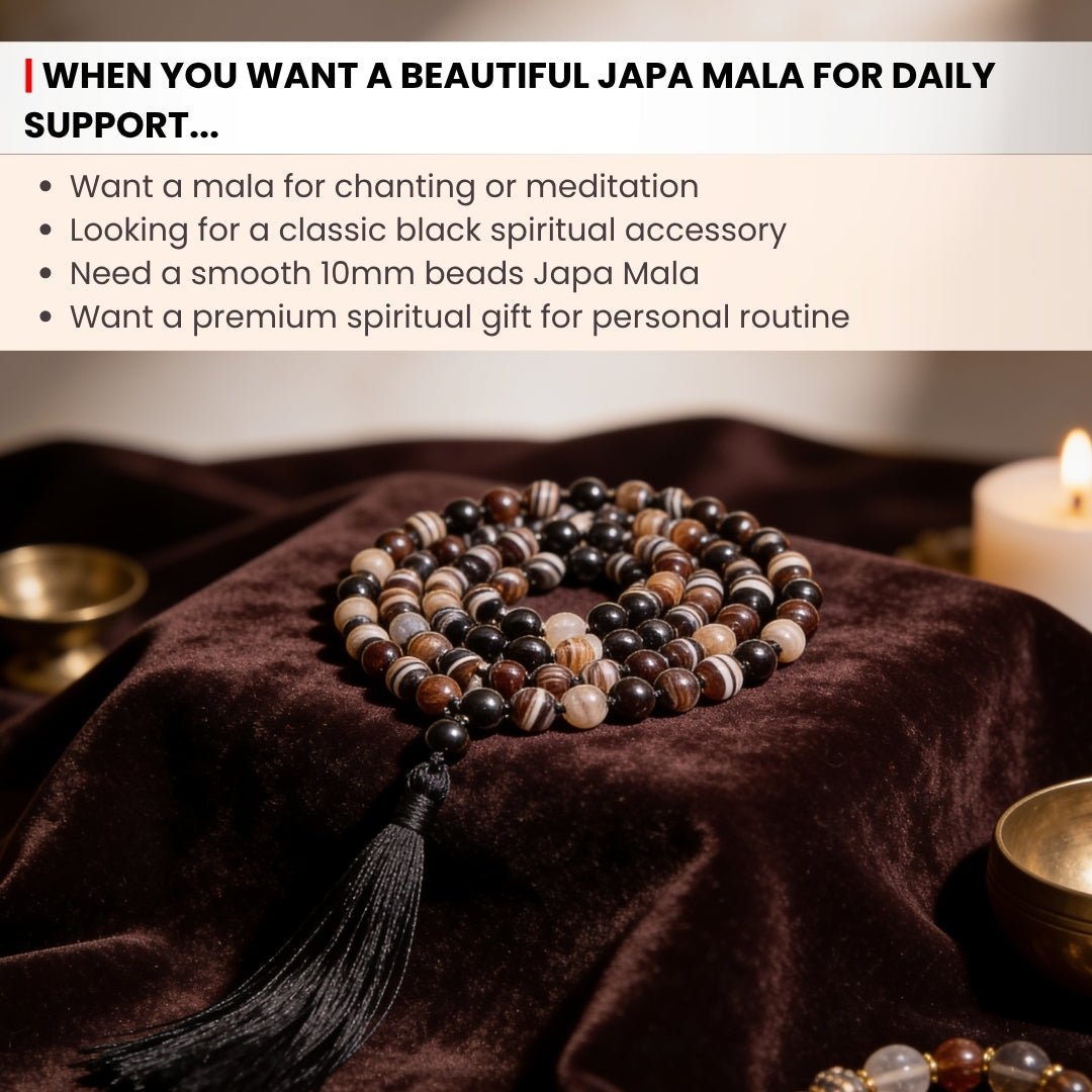 Black Sulemani Hakik Stone Crystal Necklace Japa Mala 108 + 1 Bead (Knotted) - plusvalueindia