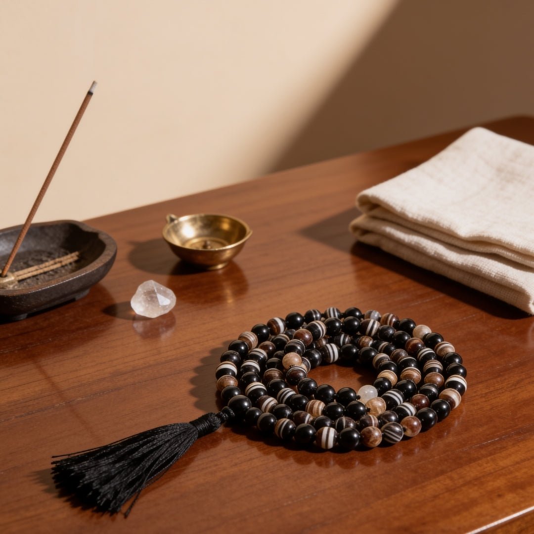 Black Sulemani Hakik Stone Crystal Necklace Japa Mala 108 + 1 Bead (Knotted) - plusvalueindia