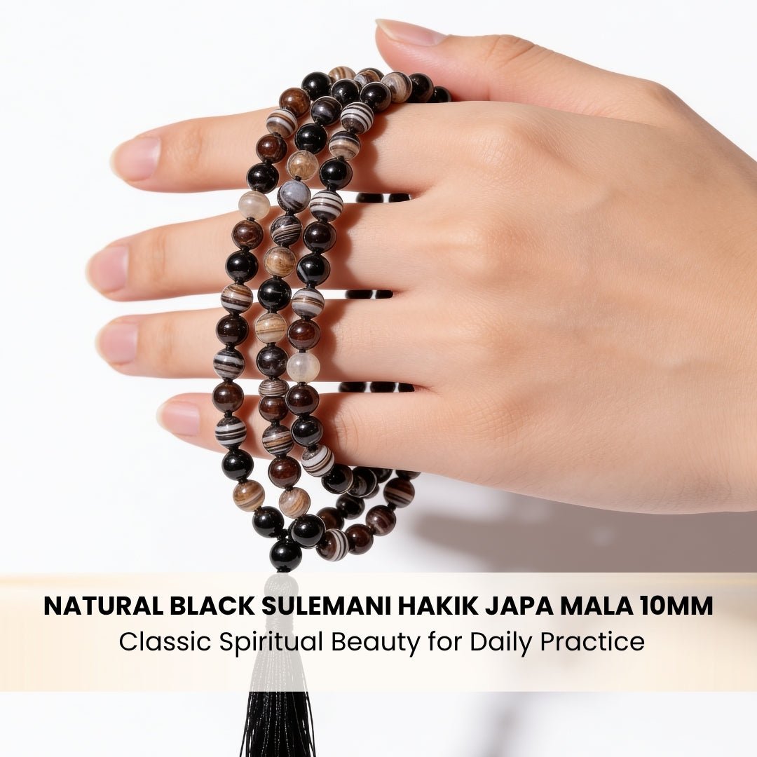 Black Sulemani Hakik Stone Crystal Necklace Japa Mala 108 + 1 Bead (Knotted) - plusvalueindia