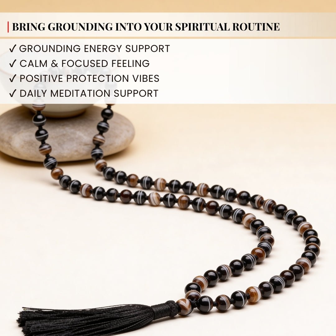 Black Sulemani Hakik Stone Crystal Necklace Japa Mala 108 + 1 Bead (Knotted) - plusvalueindia