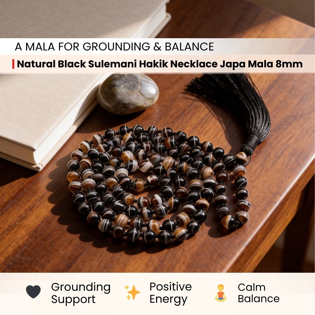 Black Sulemani Hakik Stone Crystal Necklace Japa Mala 108 + 1 Bead (Knotted) - plusvalueindia